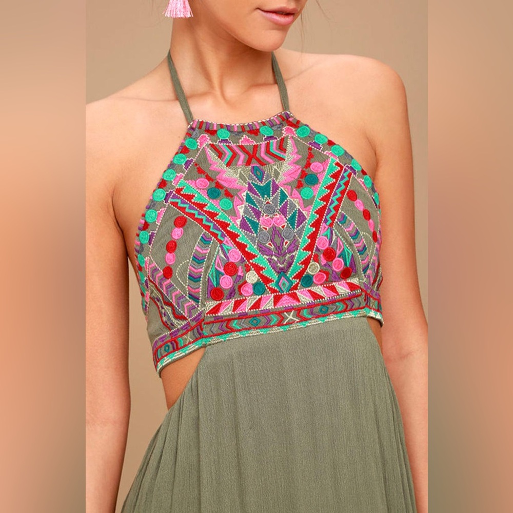 New Lulu’s Little Beach Olive Green Boho Embroidered Maxi Dress XSmall XS